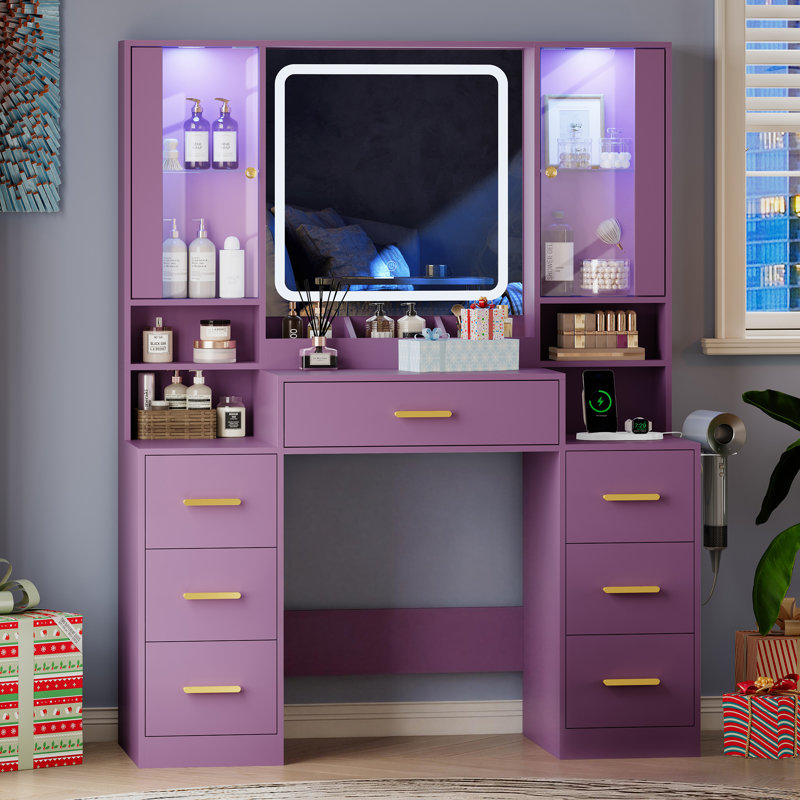 Large Lighted Makeup Vanity Set with Adjustable RGB Lights & Charging Station, Dressing Table with Mirror & Large Storage