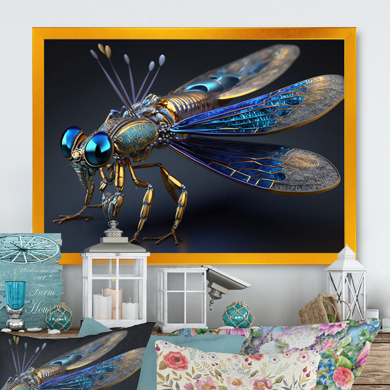 Deshante - Libellule cybernétique en bleu et or I - reproduction sur toile, L 20 po x H 12 po