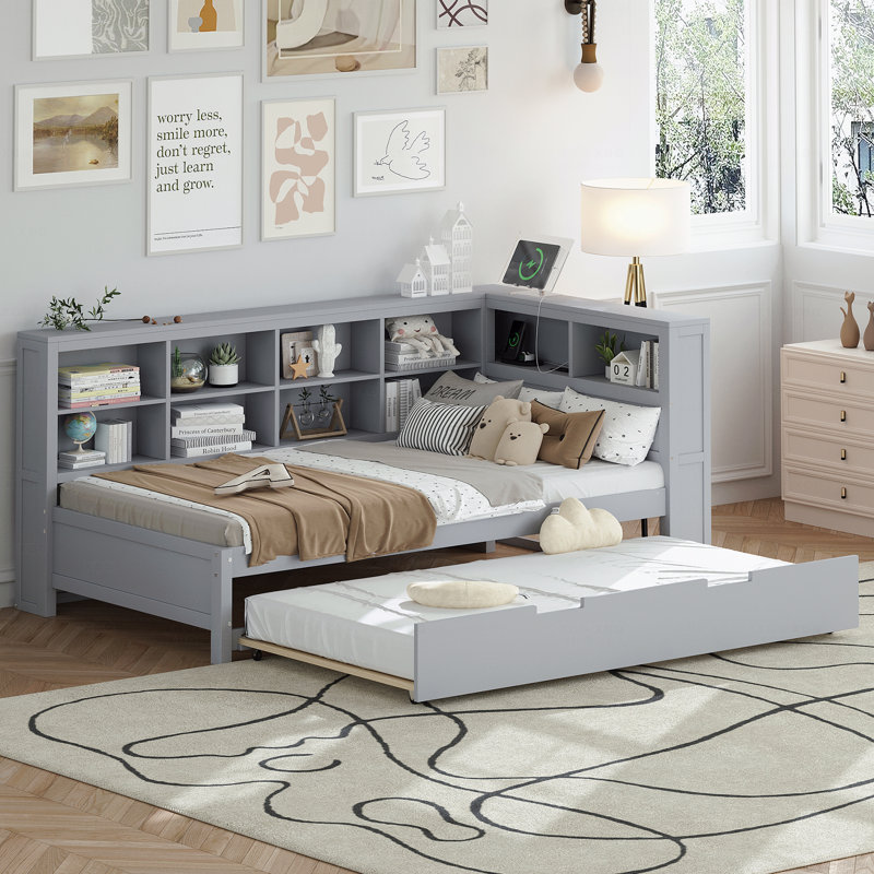 Structure en bois Matériau Structure de lit de jour simple avec couchette simple, structure de lit de jour avec tablette de rangement et ports de charge USB, gris