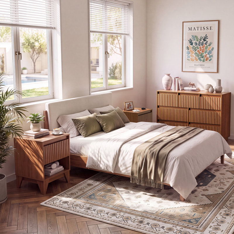 Ensemble de chambre à coucher Stanton 3 pièces, commode à 7 tiroirs et 2 tables de chevet, Light Walnut