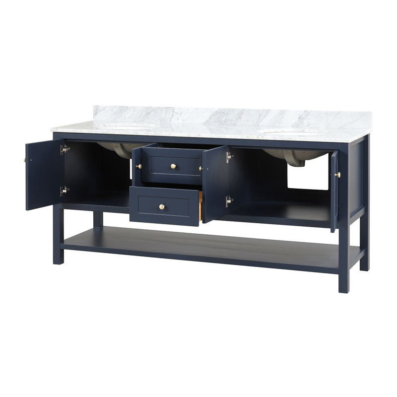71.25;71.25'' Double Bathroom Vanity with Marble Top, Navy