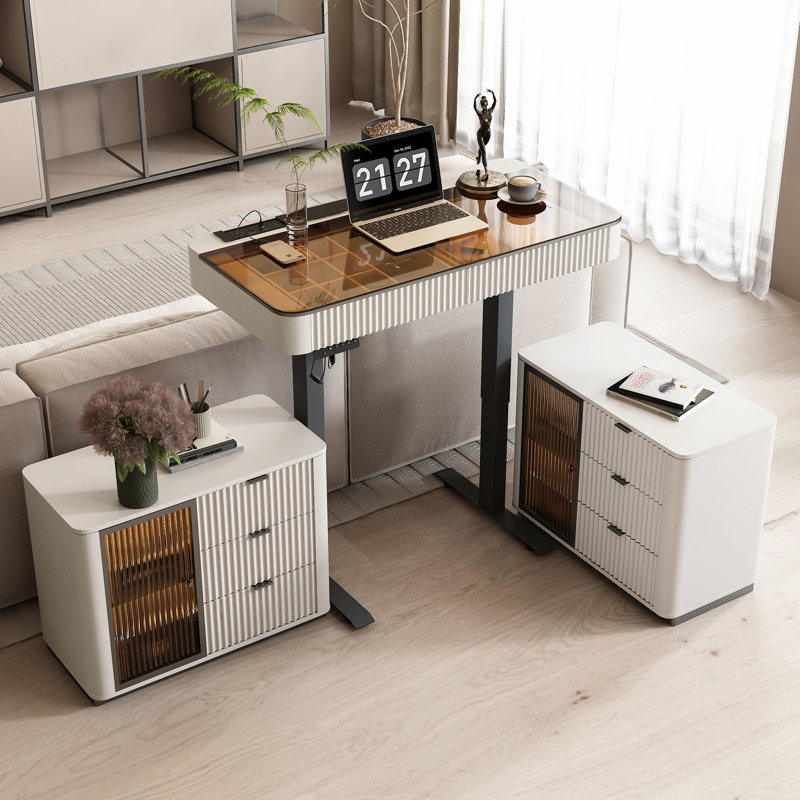 Height Adjustable Rectangle Standing Desk with Cabinet, Teal/Beige/Black , 29.5"" H x 47"" W x 23"" D