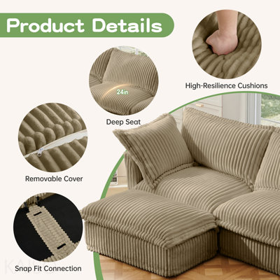 Canapé modulaire à assise profonde en U avec housse à glissière, canapé 3 places avec bordures françaises avec plusieurs grands coussins, canapé modulaire à assise profonde modulaire et confortable pour salon, appartement, chameau