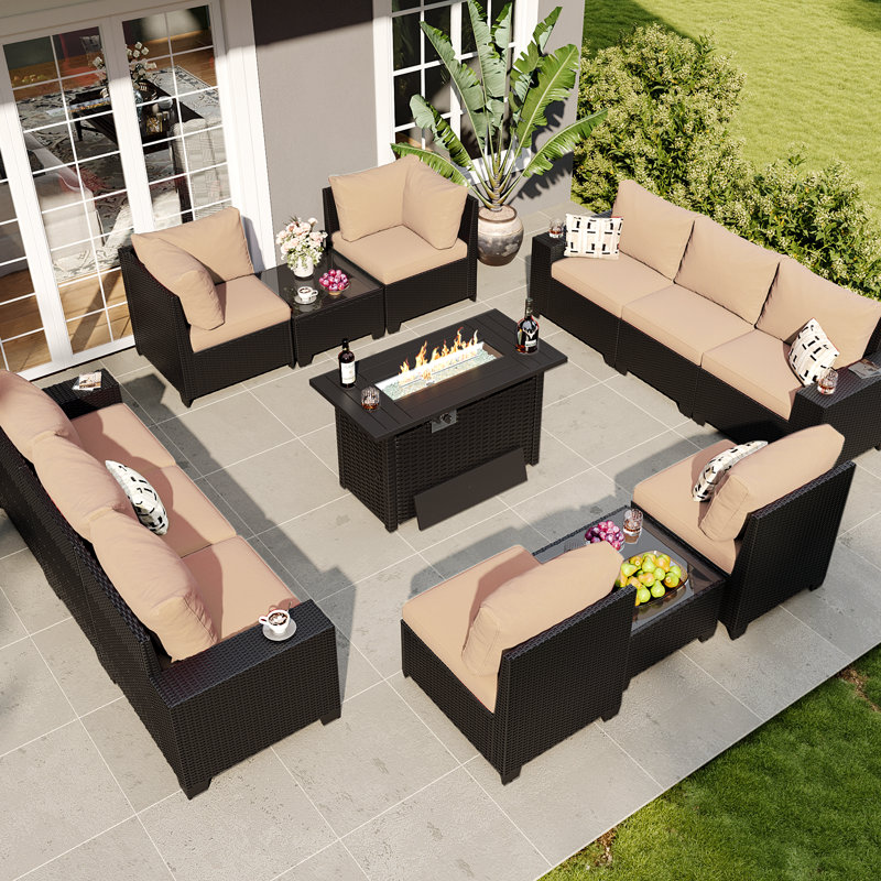 7-pieces Patio Furniture Set With 44" Propane Gas Fire Pit Table, Beige Cushion/Brown Frame