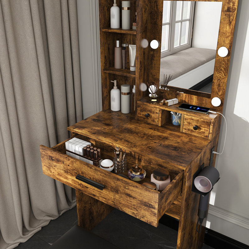 Table de coiffeuse avec miroir et lumières DEL réglables, prise de courant, support pour séchoir à cheveux et tabouret - coiffeuse compacte pour petites chambres