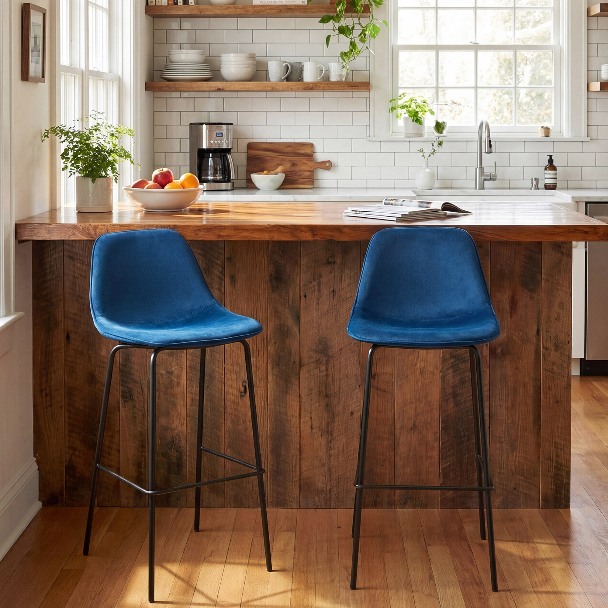 Kavi Upholstered Barstools, Blue Velvet, Bar Stool (30" Seat Height)