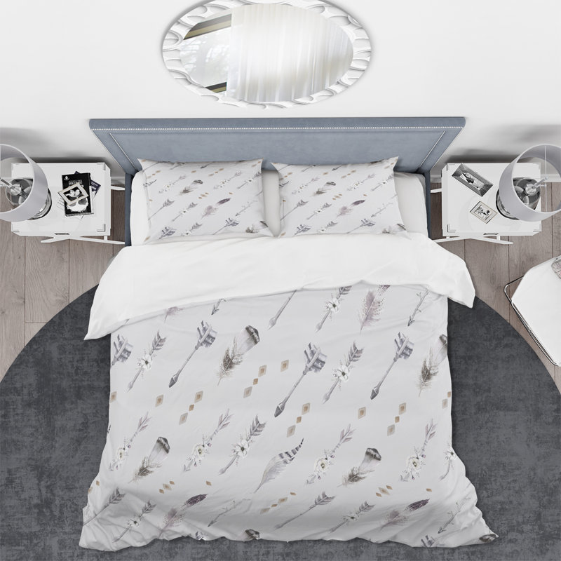 Boho Feathers And Arrows - Ensemble de housse de couette bohémien - Microfibre de polyester, gris