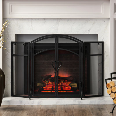 Pare-feu moderne en fer forgé avec portes et accessoires, noir mat, 81,5 cm de haut x 128 cm de large, accessoires mats, 128 cm x 81 cm x 14 cm, pliable