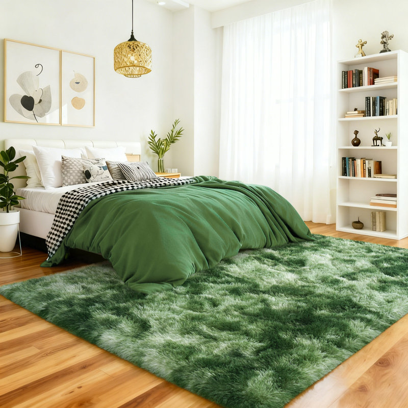 Shag Area Rugs for Living Room, 5x7 ft Soft Fluffy Rugs for Bedroom, Nursery, Kids Room Home Decor, Tie-Dyed Dark Green