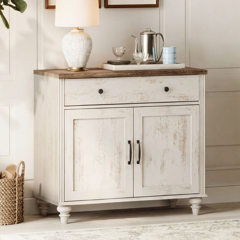 Buffet Corretta avec portes et tiroirs, grand meuble de rangement pour la cuisine, table basse en bois avec rangement, buffet/crédence de style ferme moderne pour salle à manger ou salon, blanc rustique, 86 cm (34 pouces).