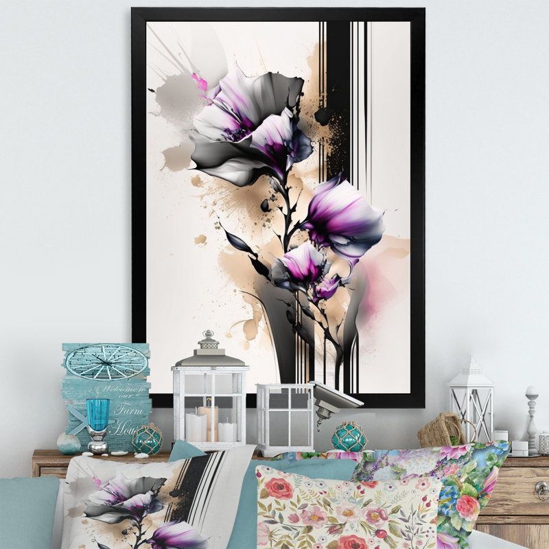 Orchidée rose sur fond abstrait - Peinture sur toile, H 32 po x l 24 po x P 1 po, Impression noire sur toile encadrée