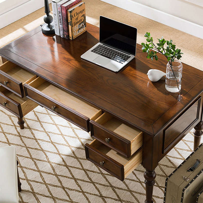 American-style country wood is all solid wood Nut-brown Rectangular with 5 drawers desk, 30.71" H x 70.87" W x29.92" D
