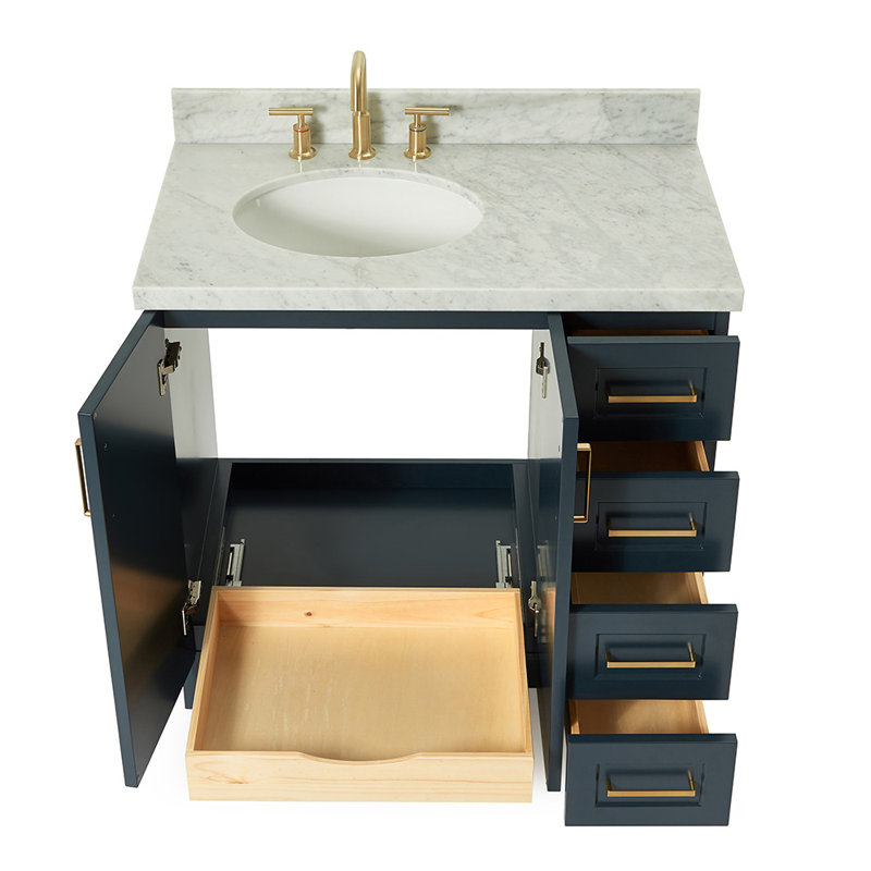 Meuble-lavabo simple en bois massif de 37 po de couleur bleu nuit avec plateau en marbre de Carrare de 1,5 po Freitas, Ovale