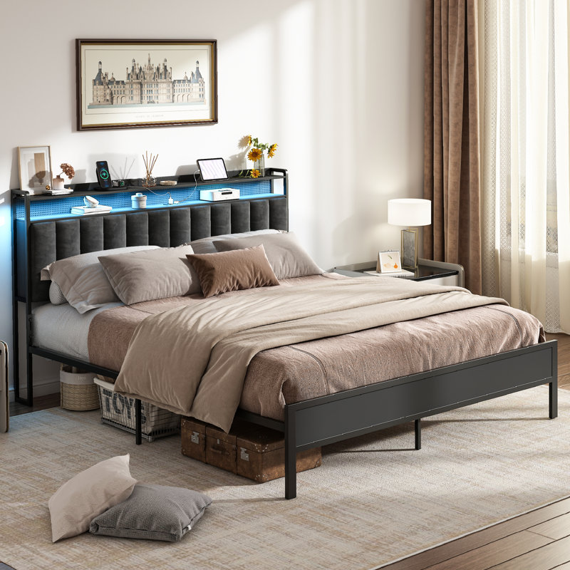 Nerlt Upholstered Headboard Metal Frame with Charging Station, LED Light And Hidden Storage, King