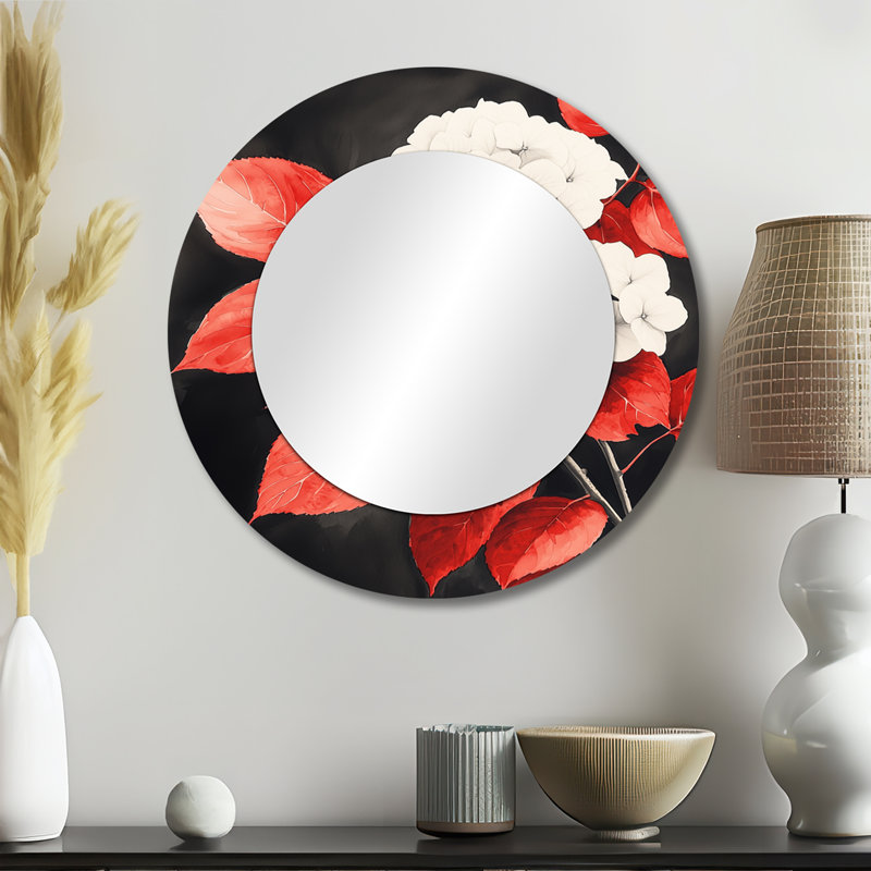 Hortensias monochromes avec feuilles rouges I - miroir mural à motif floral - imprimé sur métal, 23 po x 23 po