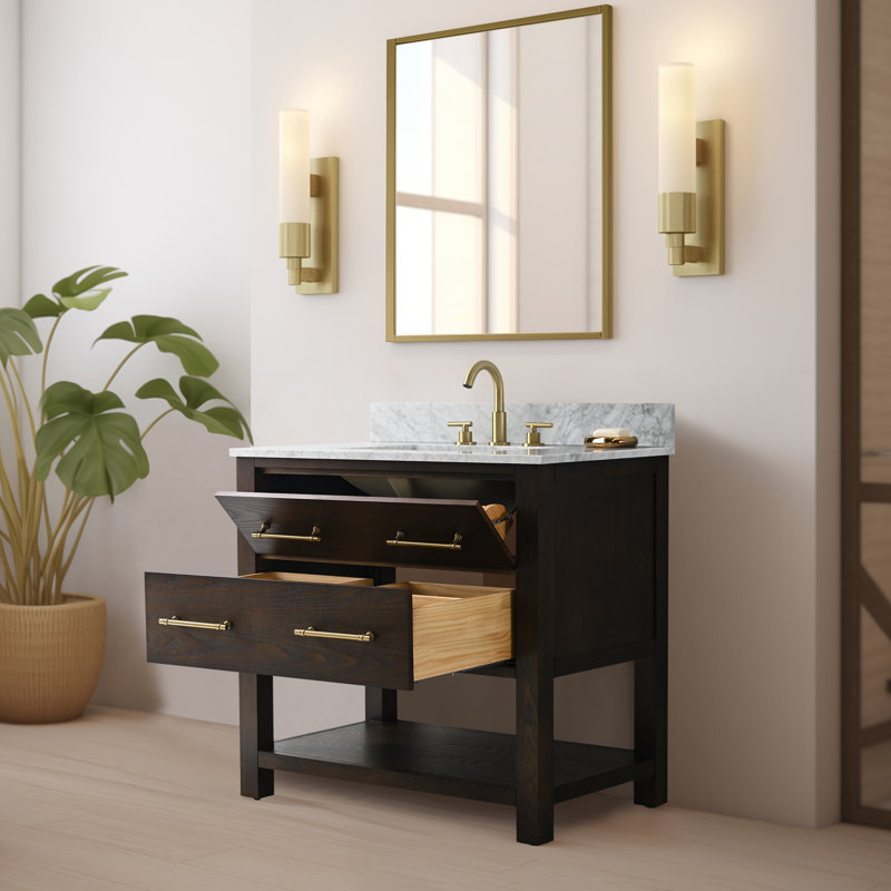Winsor Keri 36" Single Bathroom Vanity, Brown Oak/Antique Brass
