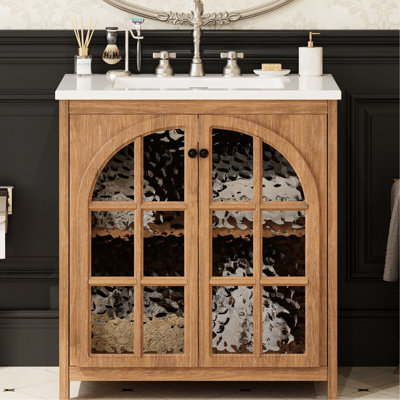 31" Antique Natural Bathroom Vanity With Sink, Adjustable Shelves, Soft-Close Doors, Safe Tempered Glass, Bronze Pulls, Upgrade Your Small 31-Inch Spacious Storage, Hinges, Thickened Rubber Wood Leg