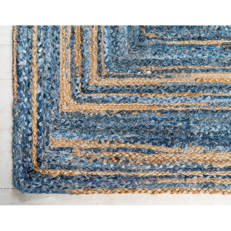 Tapis rayé bleu en jute tressé à la main Philo, Rectangulaire 8 pi x 10 pi