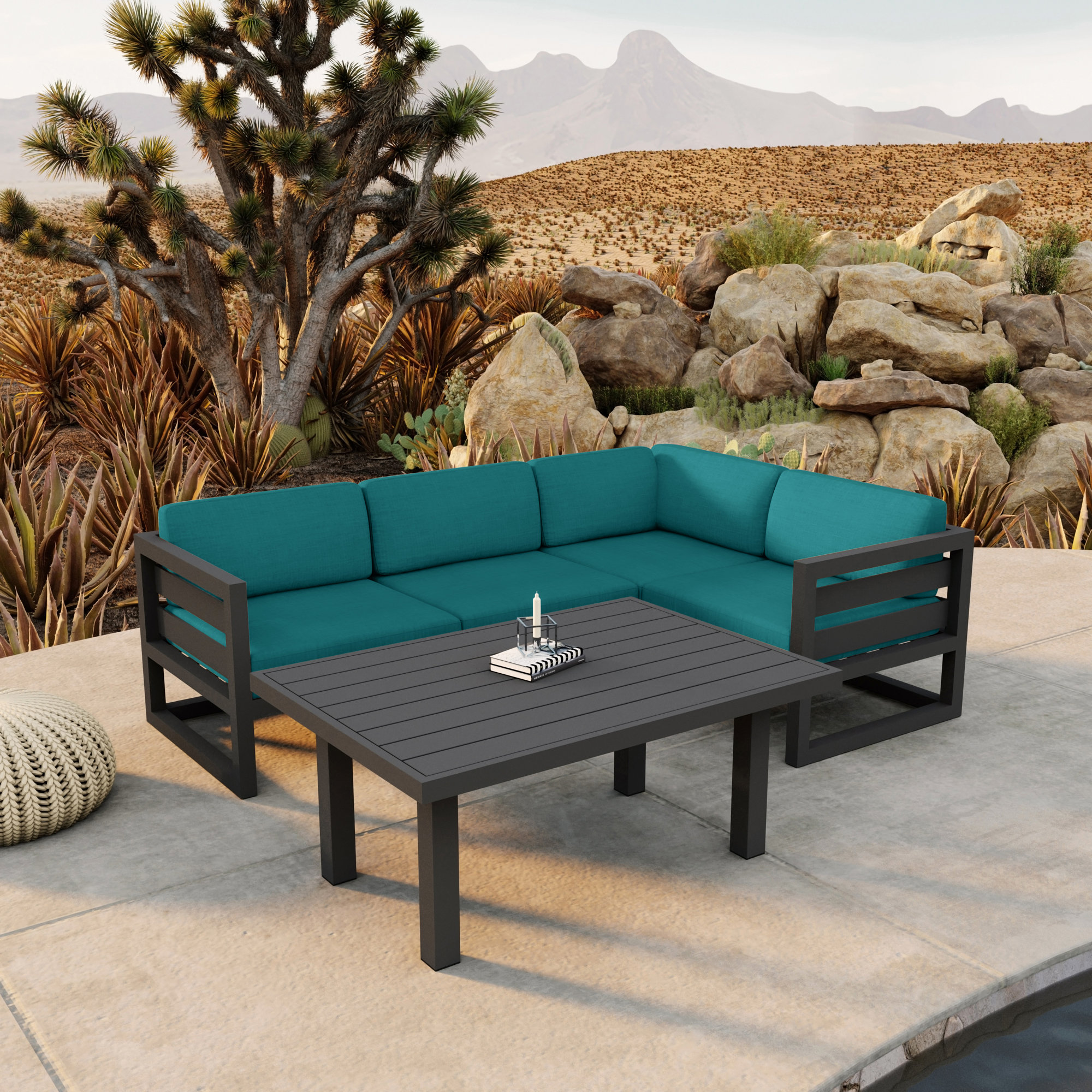 Smith 5 Piece Sectional Seating Group with Sunbrella® Cushions, Spectrum Peacock, Slate