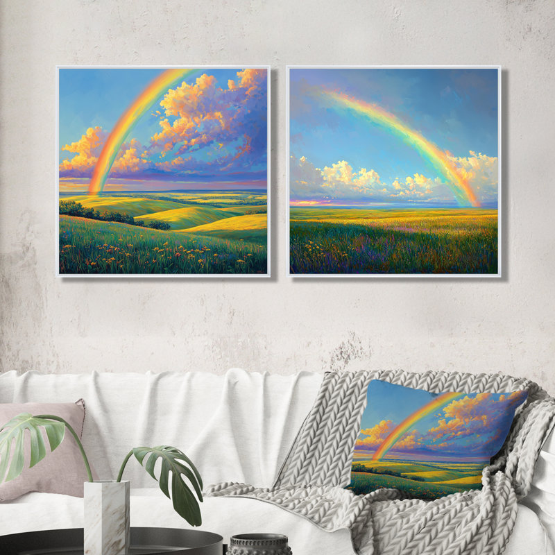 «Rainbow Over The Windy Plains I» - art mural arc-en-ciel - ensemble d'art mural traditionnel 2 pièces, H 36 po x l 73 po