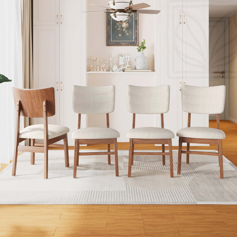 Ensemble de 4 chaises de salle à manger rembourrées ergonomiques de style Mid-Century moderne avec structure en bois d'hévéa robuste, chaises de cuisine antidérapantes pour la salle à manger, la cuisine, le café, beige et brun