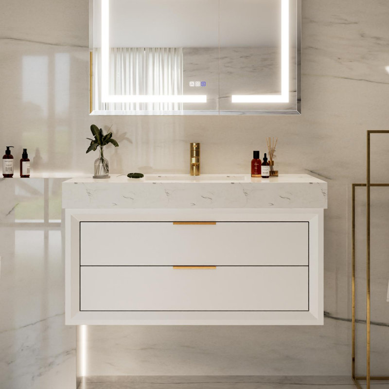 Meuble-lavabo mural moderne en bois massif 36 po avec comptoir en pierre et lumière DEL 36 po, Blanc