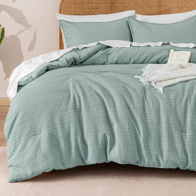 PHF Soft Waffle Comforter Set, Comfy Breathable Lightweight Textured Waffle Weave Comforter Bedding Set, Dusty Blue