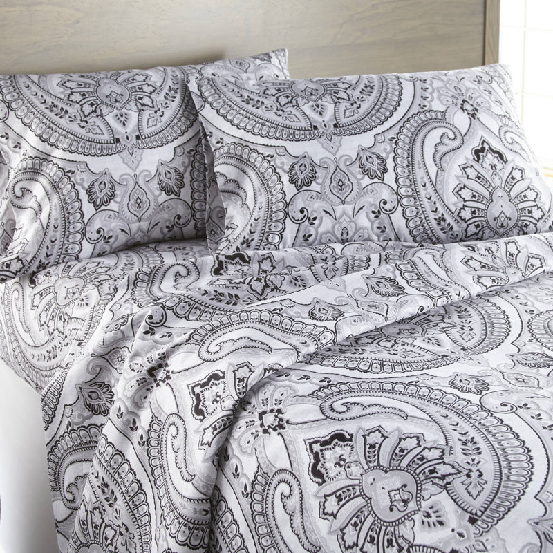 Ensemble de draps South Meline Linens Pure, Très grand californien, Damas mélodie, Noir