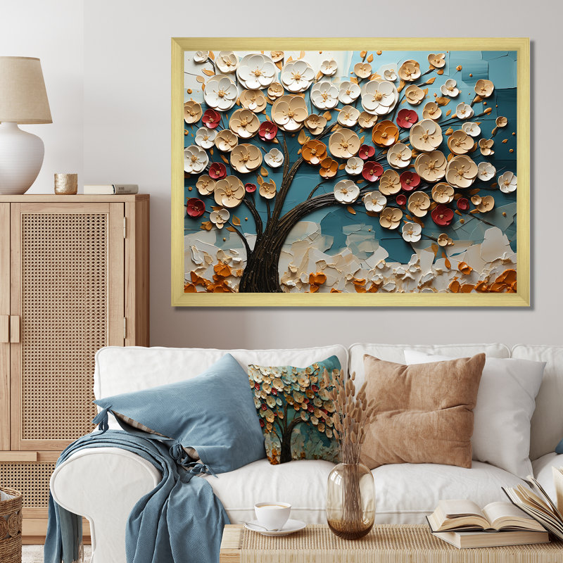 Arbre de fleur rouge et or au clair de lune beauté IV - arbre, art mural, Cadre doré à coins fermés