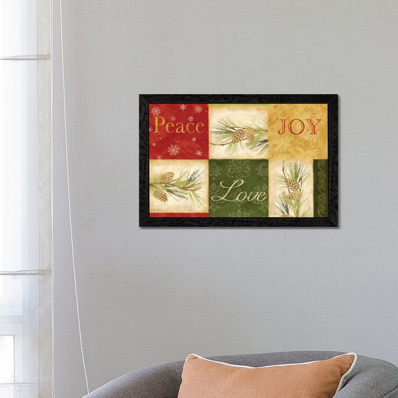 Peace Love Joy Pinecones by Cynthia Coulter - Floater Frame Print on Canvas, 101.6 cm H x 66.04 cm W, Black