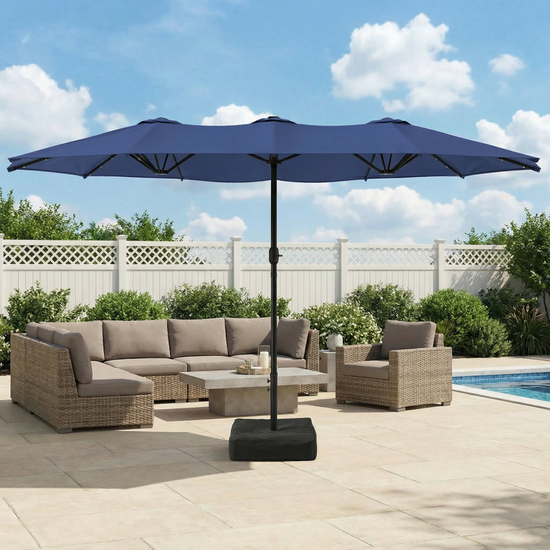 Parasol de patio à double face de 15 pi avec lumières DEL solaires, base robuste et sacs de sable inclus, Marine