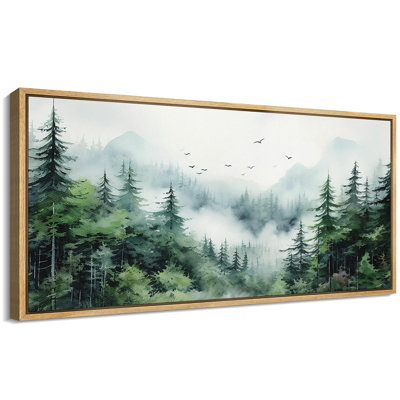 Woodland Forest Landscape " Misty Pines Watercolor Sereneest Landscape Flying Birds Retro Bedroom Extra Large Wall Decor " Print