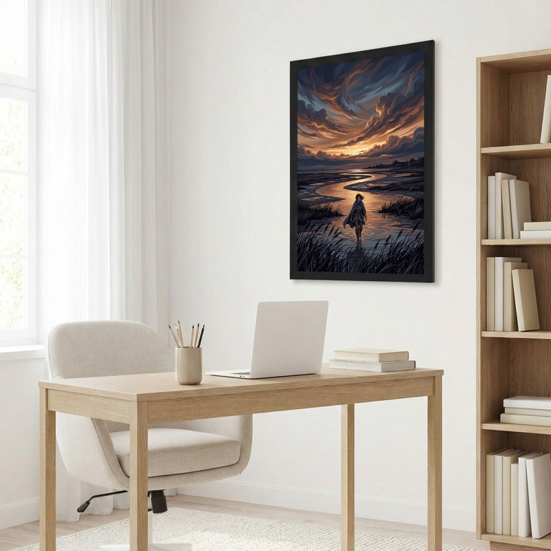 " Blue Cloaked Figure Walking Through Winding River Sunset " Painting, 36"H x 24"W