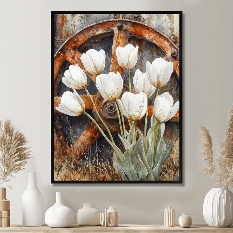 Tulipes par roue de chariot I - Tulipes, art mural, H 40 po x l 30 po, Reproduction avec cadre flottant, Noir