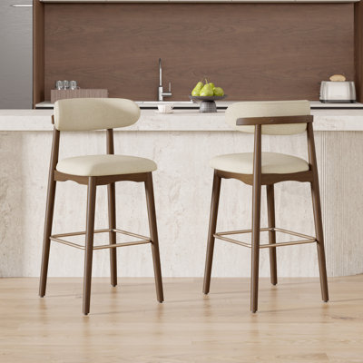 Modern Upholstered Counter Height Bar Stool With Back, Non-swivel, Solid Rubberwood Legs And Bronze Metal Footrest