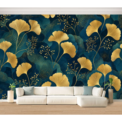 Papier peint adhésif peler et coller sans soudure feuille de gingko doré et feuilles vertes à l'infini Idéal pour la décoration murale en papier autocollant amovible pour le salon Chambre à coucher H 100 po x l 144 po