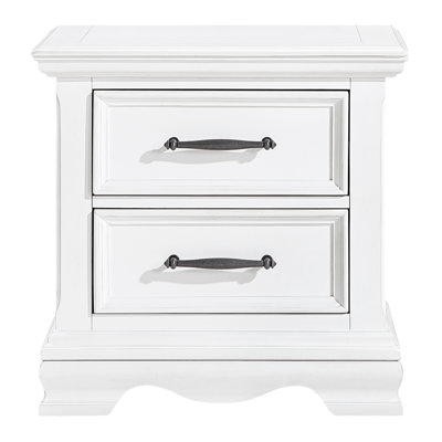 Charmante table de chevet blanche à 2 tiroirs en bois, poignées en nickel noir, glissières à roulement, chevet classique pour le rangement dans la chambre à coucher, poignées de 24 po x 16 po x 24,5 po