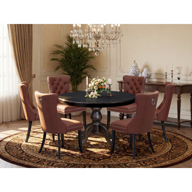 L'ensemble de table de salle à manger 7 pièces contient une table ronde de 48 po avec piédestal et 6 chaises rembourrées en polyester bourgogne, noir sablé