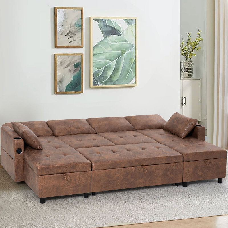 108" U-Shape Sectional Sleeper Sofa Bed With Adjustable Backrest,Pull-Out Reversible Couch With Storage Chaises, Suede Leather Convertible Sofa With USB Charging Port For Living Room, House