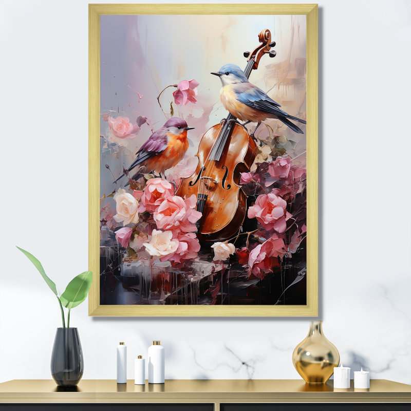 Violon et nuances harmoniques de la nature sur toile, Encadrement doré, H 32 po x l 24 po x P 1 po