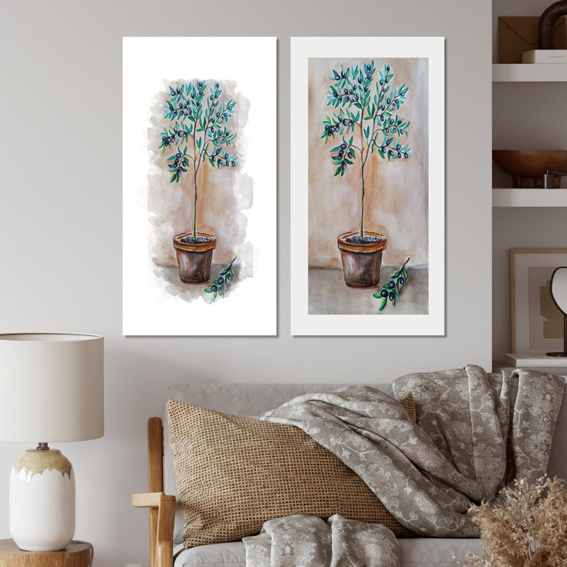 Green Olive Tree Pot - Ensemble de 2 peintures sur toiles, Toile tendue, H 20 po x l 24 po x P 1 po