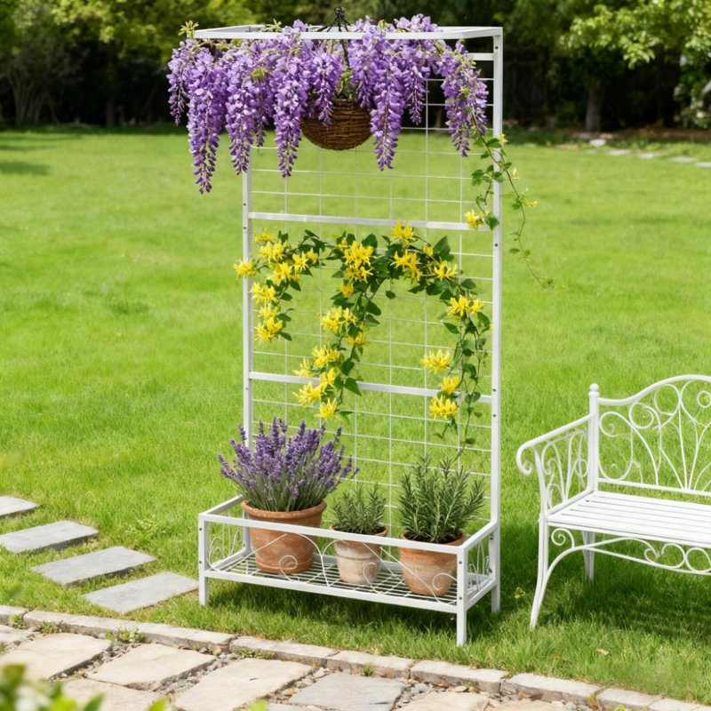 Jardinières en métal blanc, grand support en acier avec treillis pour l'intérieur et l'extérieur