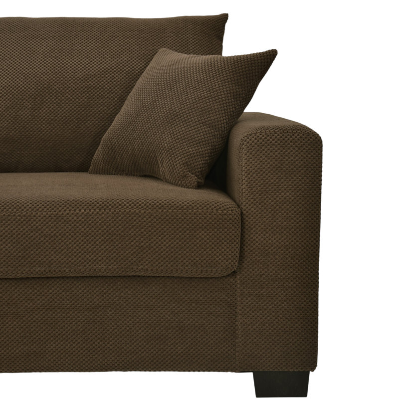 Canapé deux places Oliver de 175 cm de large, recouvert de tissu texturé, avec 2 coussins décoratifs et des pieds robustes en plastique.