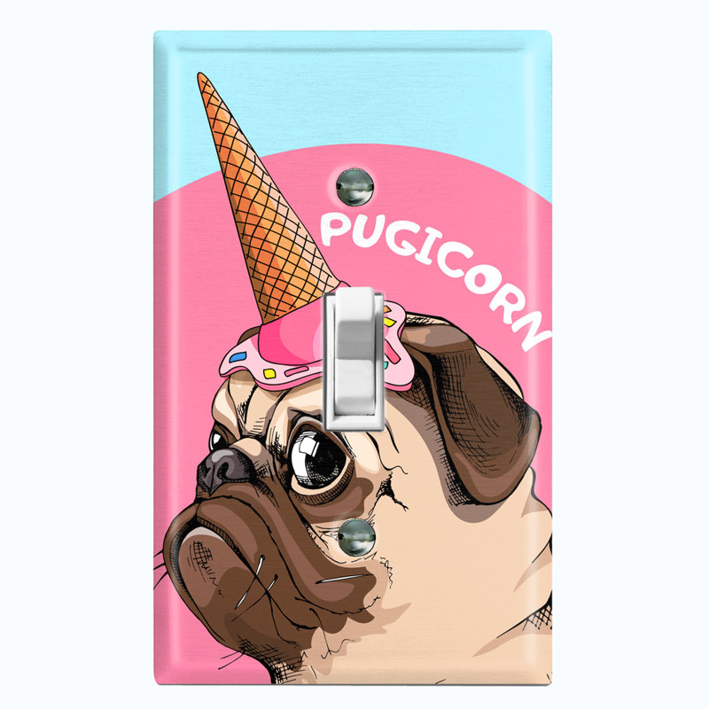 Metal Light Switch Plate Outlet Cover (Pugicorn Dog Ice Cream Blue Pink - Single Toggle)