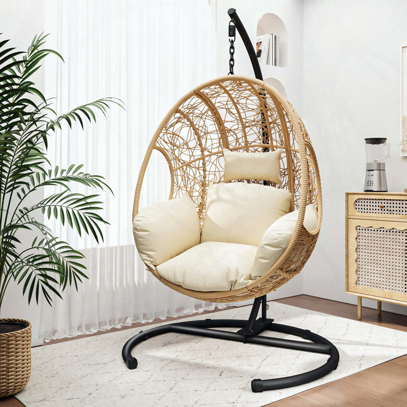 Balancelle intérieure / extérieure en osier PE tissée à la main, coussin gonflable et base stable, Beige, Naturel