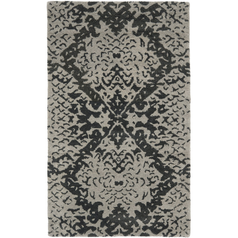 Tapis gris / noir en laine / coton touffeté à la main Kouerga, Rectangle 2 pi 6 po x 4 pi