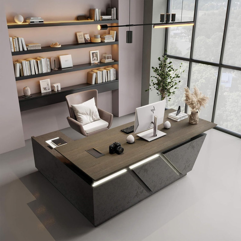 Bureau de direction en L à hauteur ajustable 94,5 po avec bureau à lumière DEL moderne et grand bureau de direction pour affaires à domicile