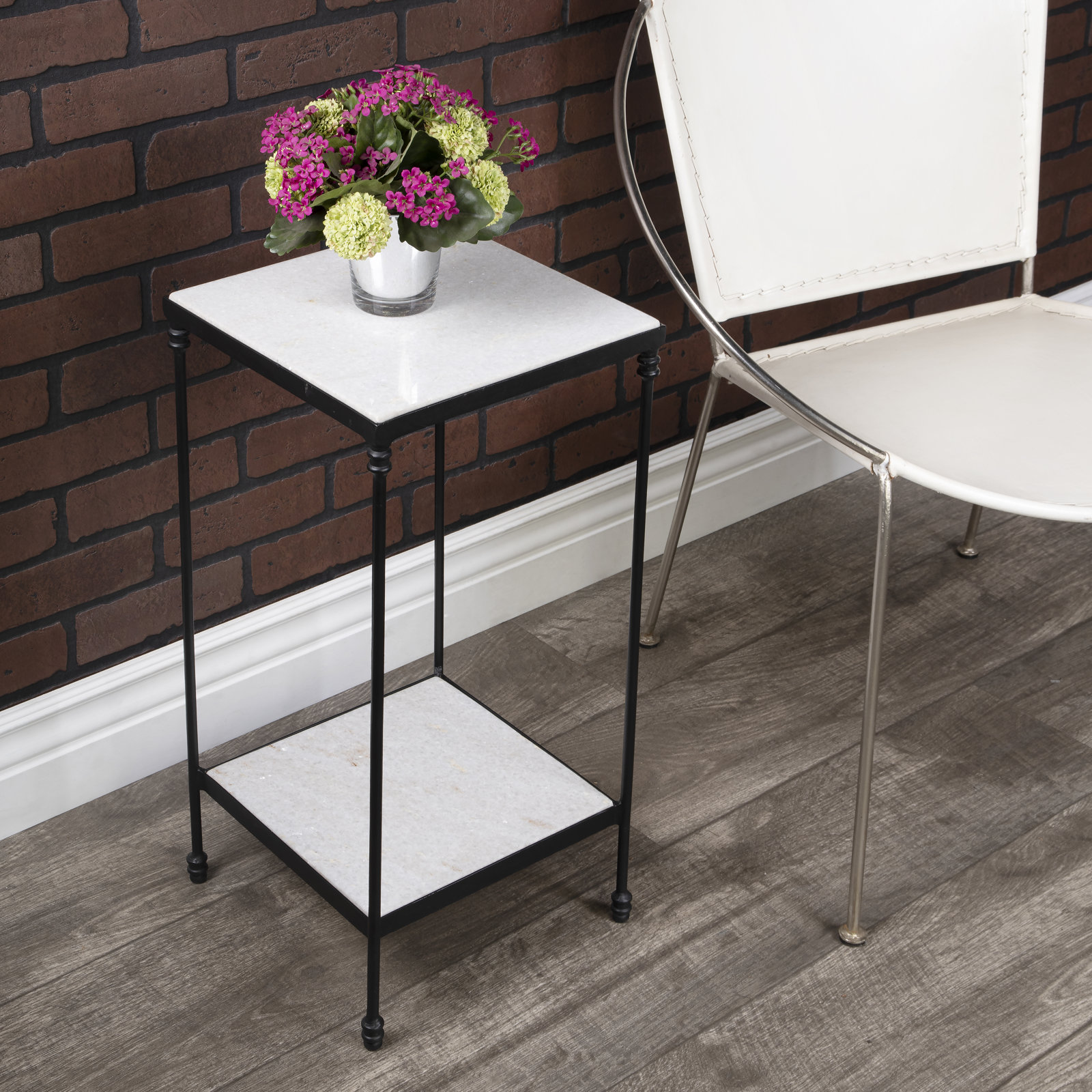 Agatie 12" Genuine Marble End Table, White Marble/Black
