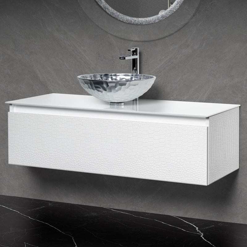 Meuble-lavabo simple avec comptoir, Crocodile blanc, 47", Verre trempé blanc