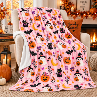 Pastel Ghost Pumpkin Flannel Throw Blanket with Black Cats, Candy, Bats and Moon Motifs for Couch, Sofa, Bed and Sweet Seasonal Home Decorating, 50 x 60 in